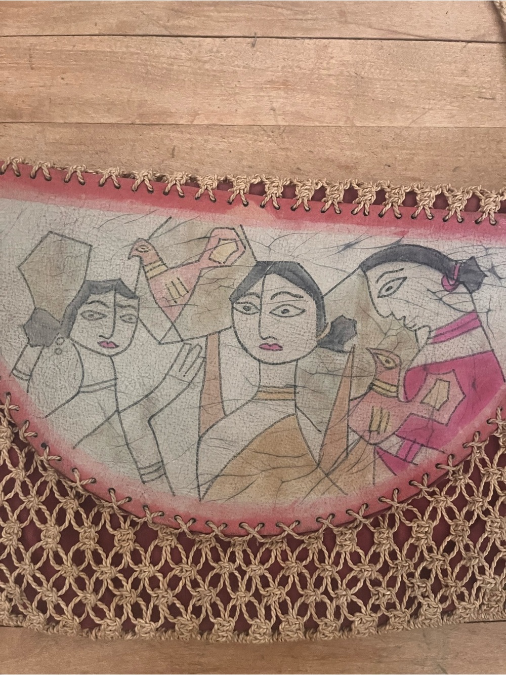 Vtg 1970s Madhubani HandPainted Jute leather macrame SlingBag Authentic Folk Art - Picture 11 of 12